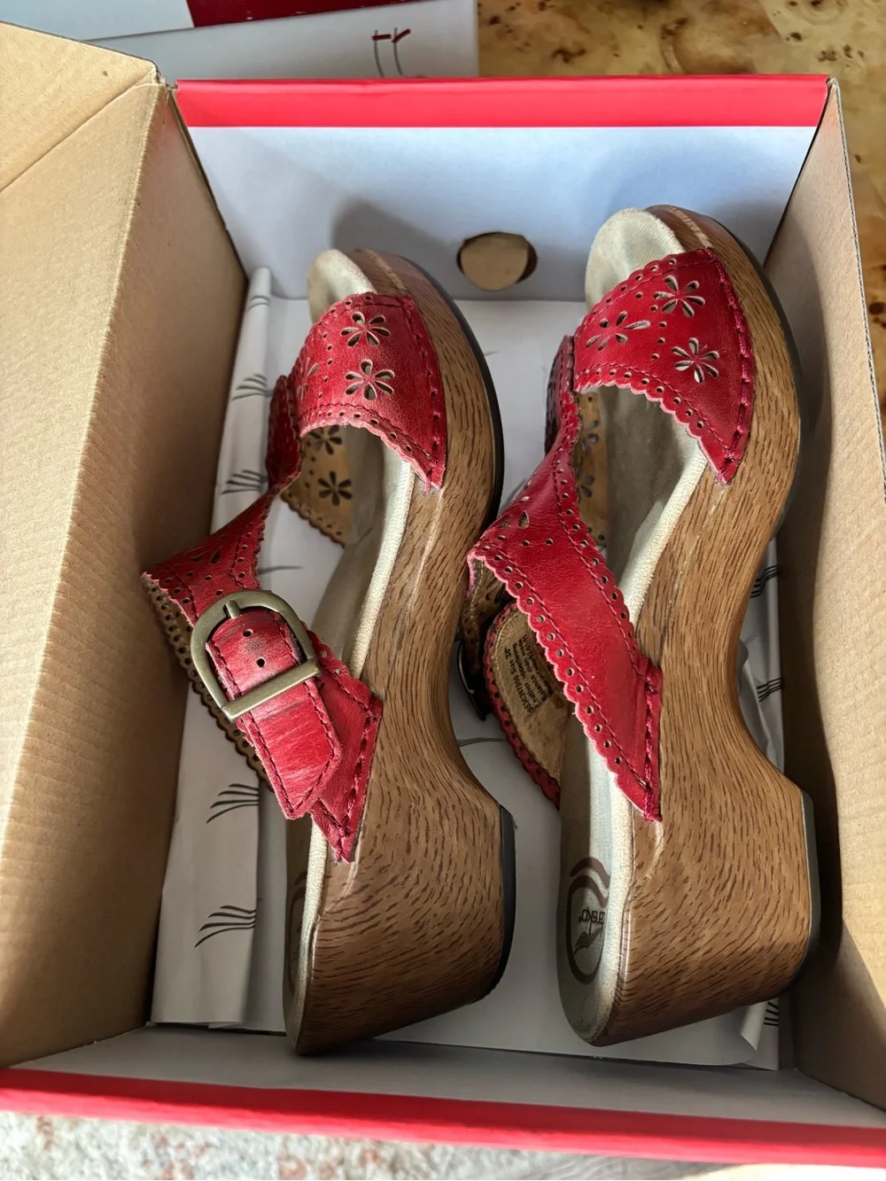 Dansko Crimson Leather Wedge Sandals with Buckle Strap